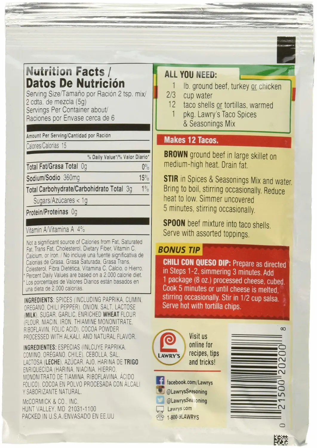 Lawry's Taco Seasoning 1 Oz Packet (Pack of 6)
