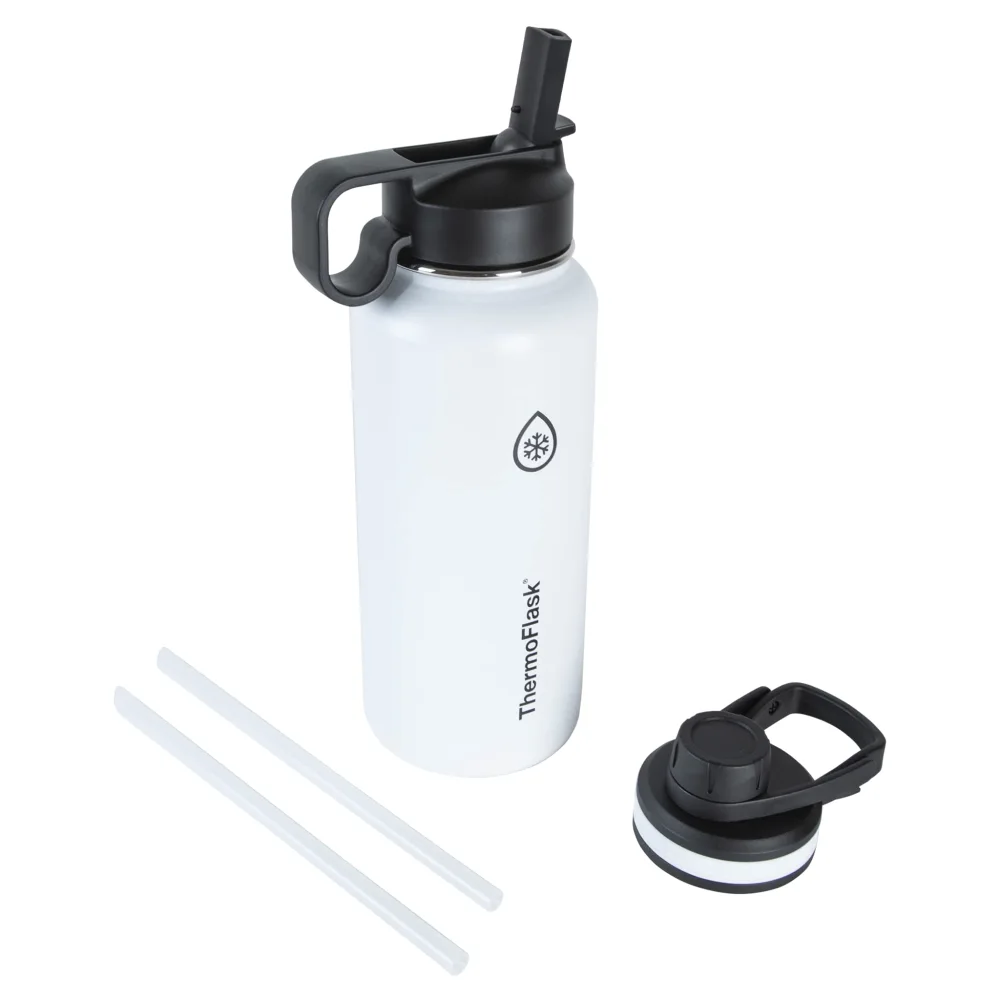 ThermoFlask Bottle with Chug Lid & Straw Lid - Insulated Stainless Steel Water Bottle with Leak-Proof Lids - Dishwasher-Safe Reusable Bottle & Lids - Durable Bottle, 2 Straws & 2 Lids - 32 oz, White