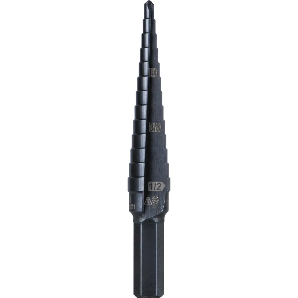 Klein Tools KTSB01 Step Drill Bit Double-Fluted #1, 1/8 to 1/2-Inch with Easy-to-Read Markings and Targets, 3/8-Inch Hex Shank