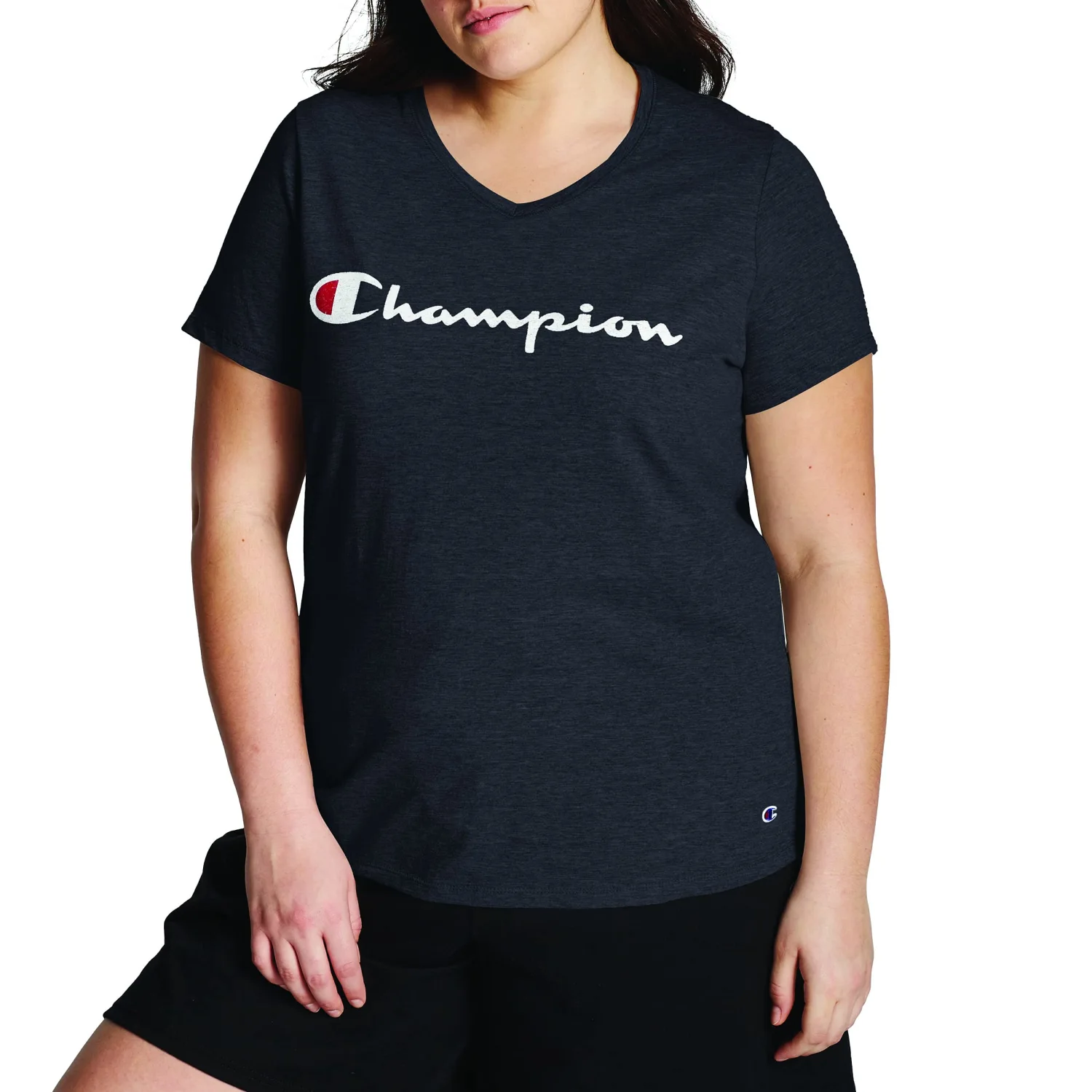 Champion Women's Plus Jersey V-Neck Tee, Script Logo