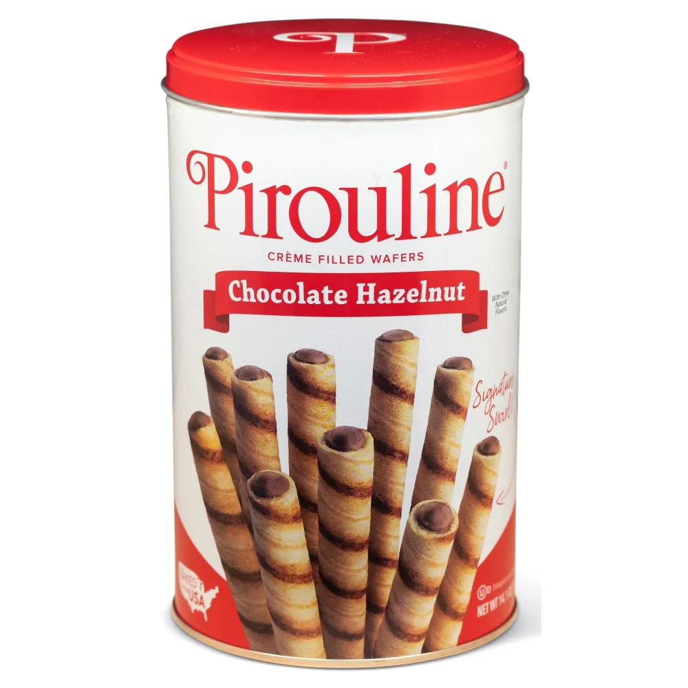 Pirouline Rolled Wafers – Chocolate Hazelnut – Rolled Wafer Sticks, Crème Filled Wafers, Rolled Cookies for Coffee, Tea, Ice Cream, Snacks, Parties, Gifts, and More – 14.1oz Tin 1pk