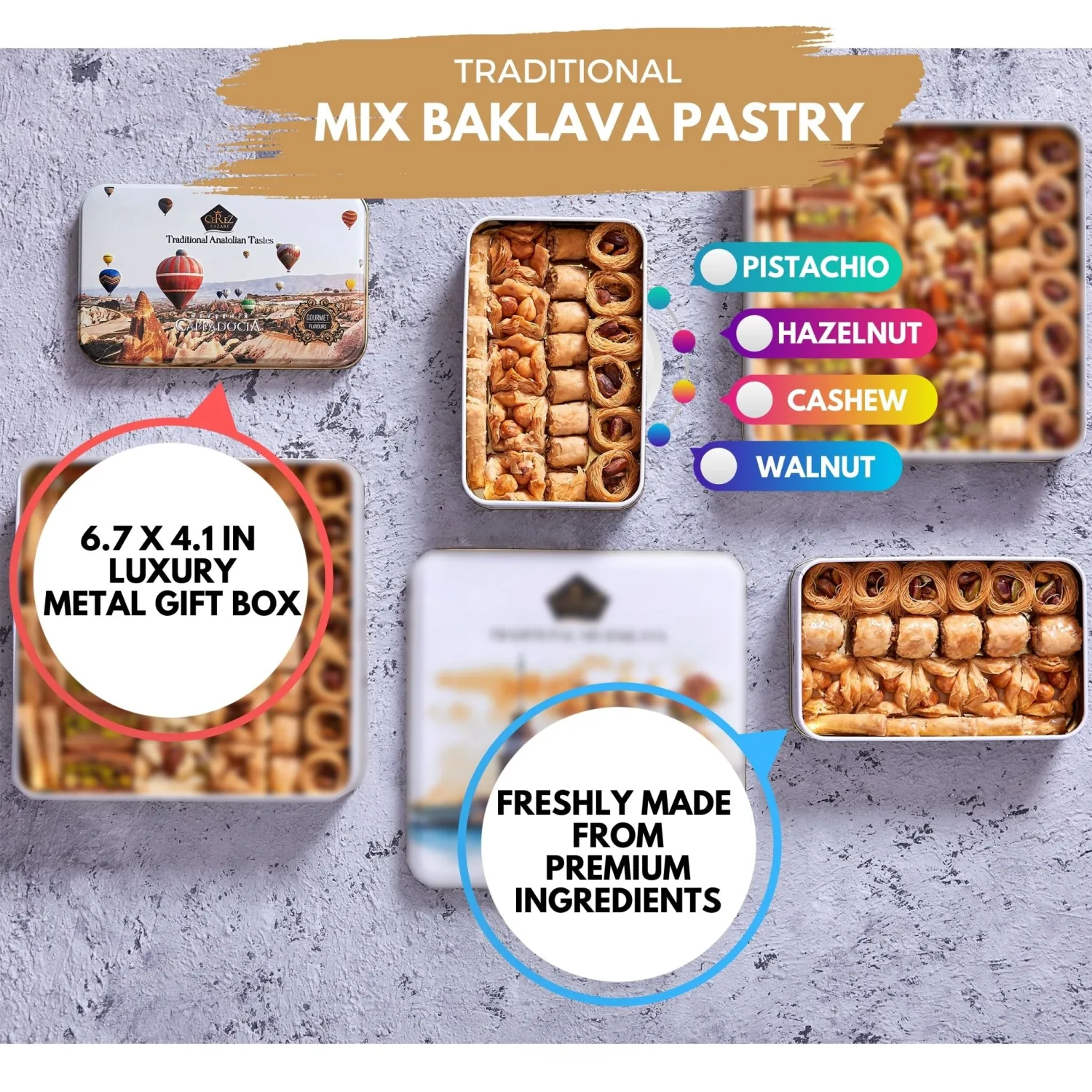 Cerez Pazari Baklava Pastry 8.5oz, Baklava Gift Box with Rich Pistachios, Walnuts, Hazelnuts and Cashews, Halal Shatila Baklava, Traditional Turkish Arabic Dessert Gift Box, Sweet Food Gifts for Women