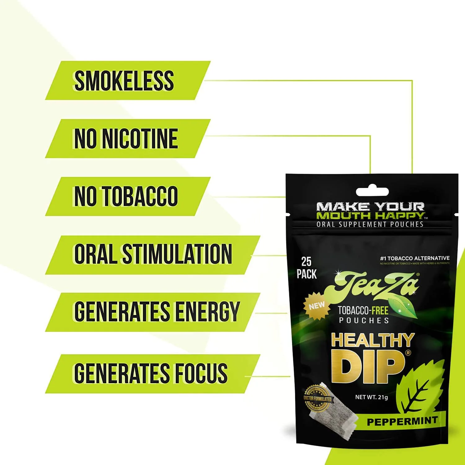 TeaZa Herbal Energy Pouch - Tobacco Alternative | 25 Pouch Pack | Peppermint
