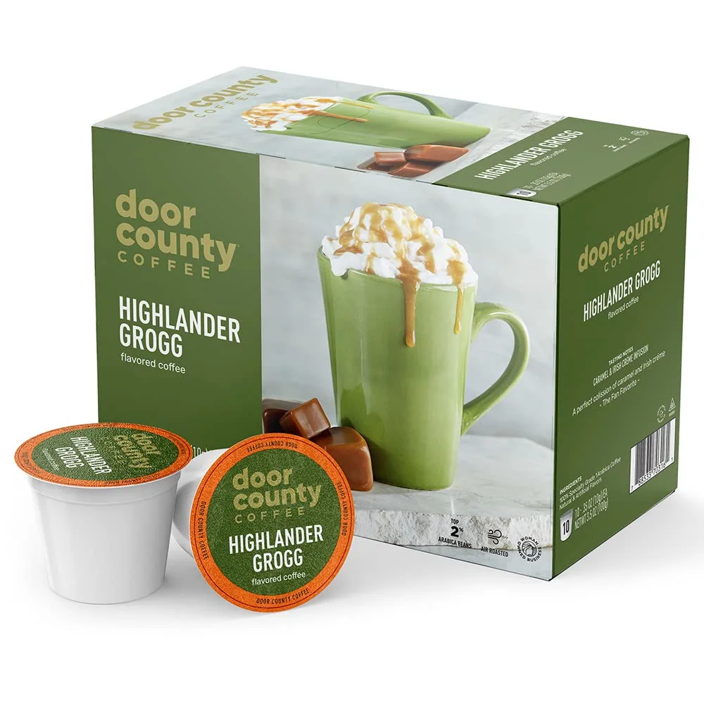 Door County Coffee Highlander Grogg Flavored Coffee Ground | 10 Count Single Serve Cups | Medium Roast | 100% Specialty Arabica Coffee | Flavored Gourmet Coffee | Caramel & Irish Cream Coffee