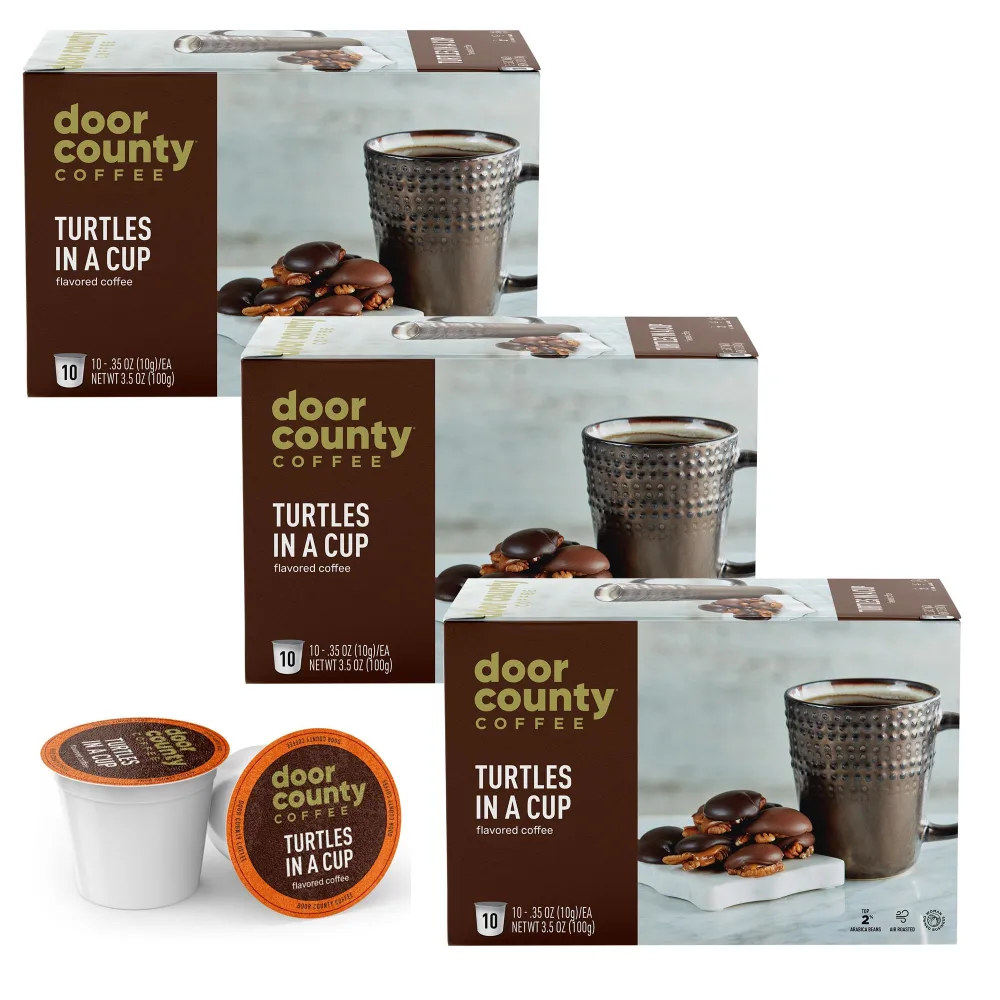 Door County Coffee Turtles in a Cup Flavored Ground | 30 Count Single Serve Cups | Medium Roast | 100% Specialty Arabica | Flavored Gourmet | Caramel and Toasted Pecan