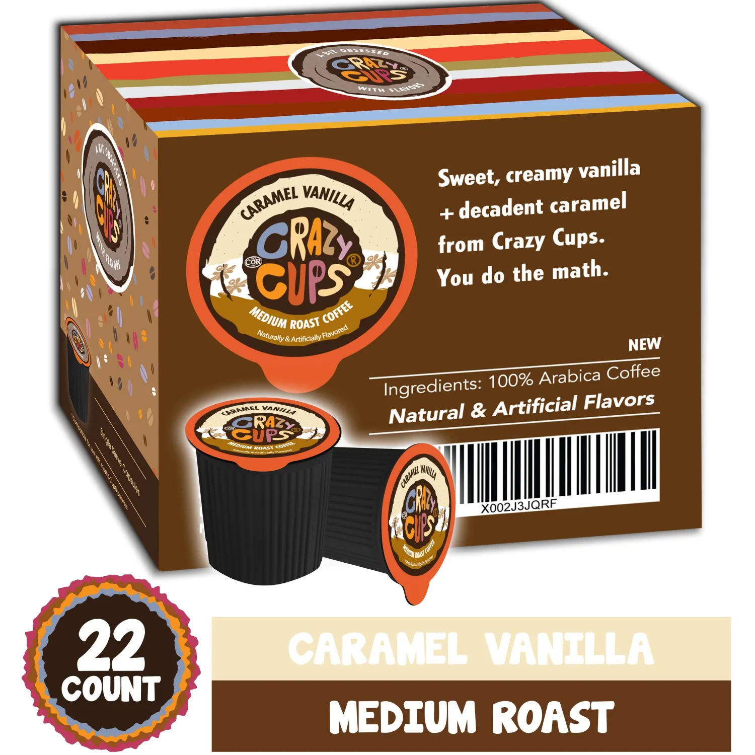 Crazy Cups Flavored Coffee Pods, Caramel Vanilla, Single Serve for Keurig K Cups Machines, Medium Roast in Recyclable Pods(Pack of 1, 22 Count Total)