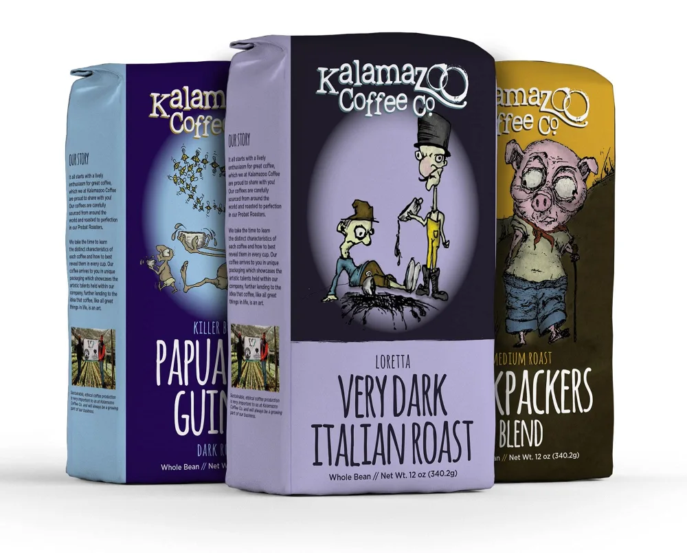 KALAMAZOO COFFEE COMPANY Whole Bean Coffee Variety Pack - Backpackers Blend, Loretta, & Papua New Guinea | 12oz Bag (3 Pack)