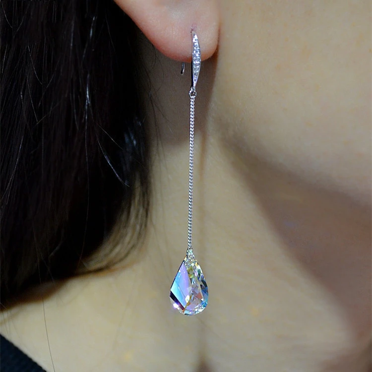 Sterling Silver Crystal Earrings Long Knob Drop