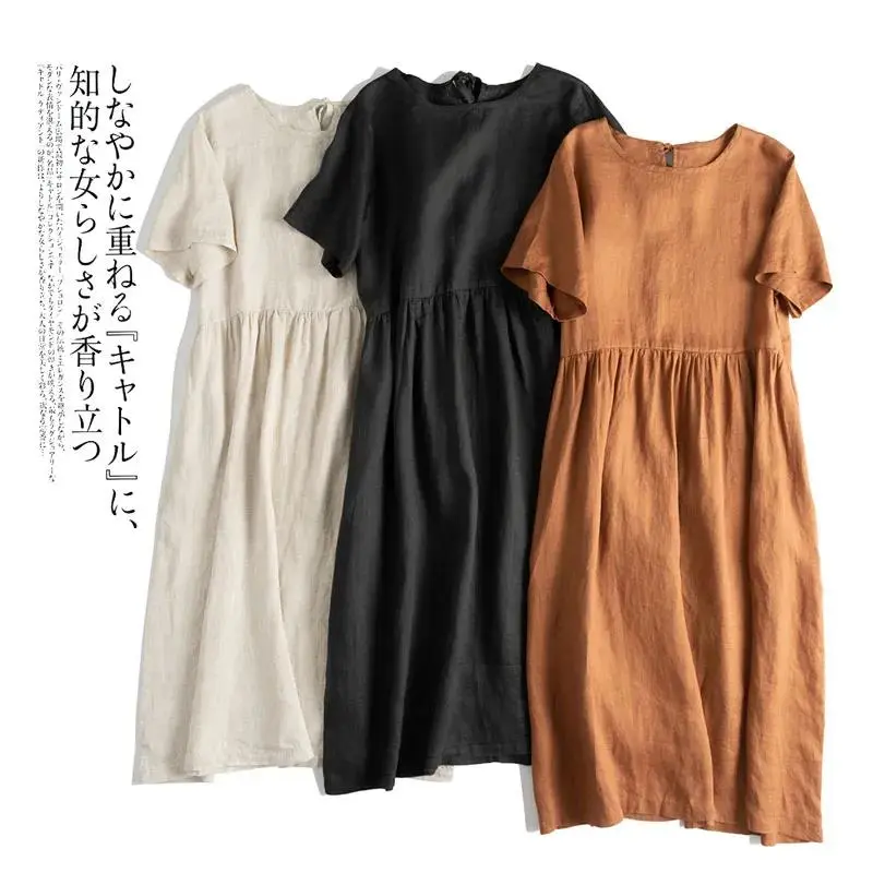 Cotton And Linen Lace-up Short-sleeved Dress With Round Neck