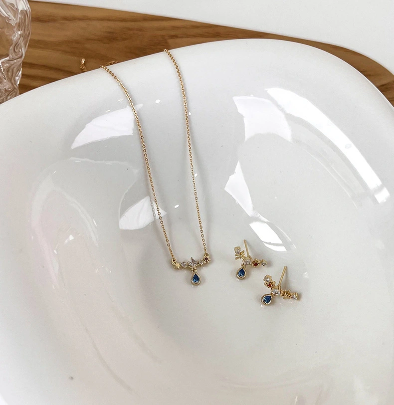 French Water Drop Zircon Ear Stud Necklace Collarbone Chain