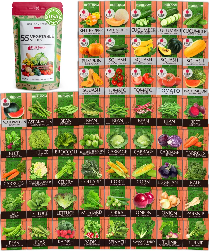 55 Heirloom Vegetable Seeds | 27,500+ Non GMO Seed Variety Pack | Gardening Seeds for Planting Vegetables and Fruits, & Lettuce | Prepper Supplies | Survival Gear | Spring, Summer, Fall Home Garden