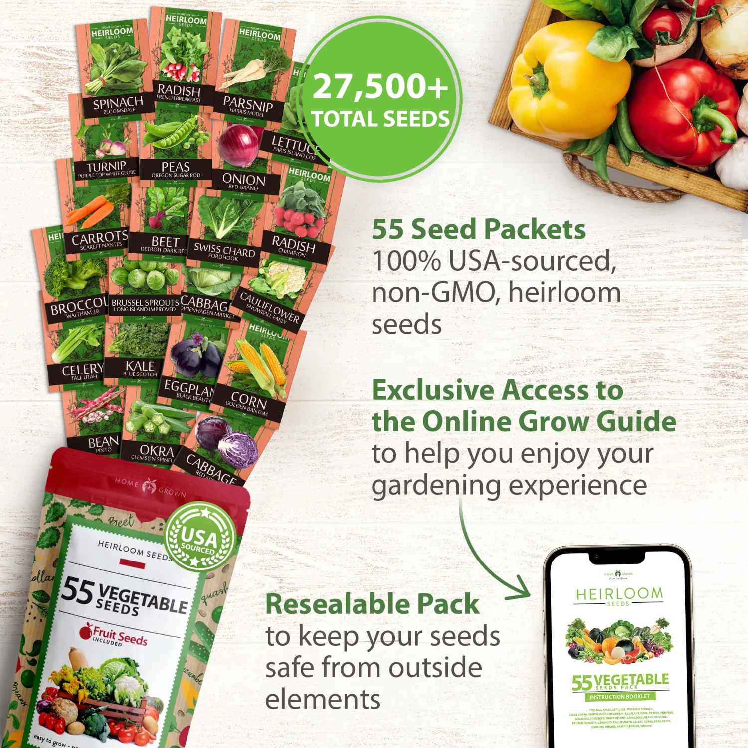 55 Heirloom Vegetable Seeds | 27,500+ Non GMO Seed Variety Pack | Gardening Seeds for Planting Vegetables and Fruits, & Lettuce | Prepper Supplies | Survival Gear | Spring, Summer, Fall Home Garden