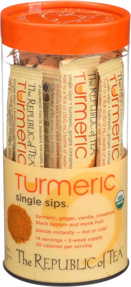 The Republic of Tea Organic Turmeric Single Sips, Instant Turmeric Herbal Tea (14 Single-Serve Packets)