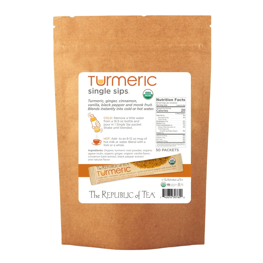 The Republic of Tea Organic Turmeric Single Sips, 50 Single Servings of Instant Turmeric Tea