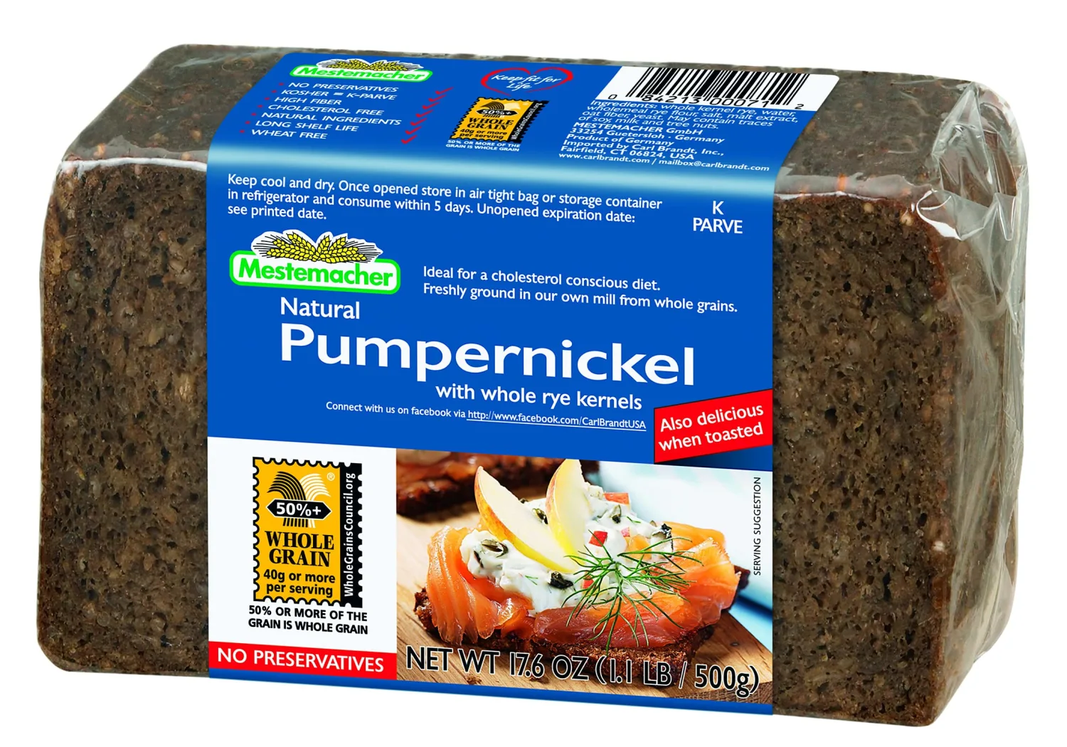 Mestemacher Whole Grain Bread (Pumpernickel, 17.6 oz, pack of 2)