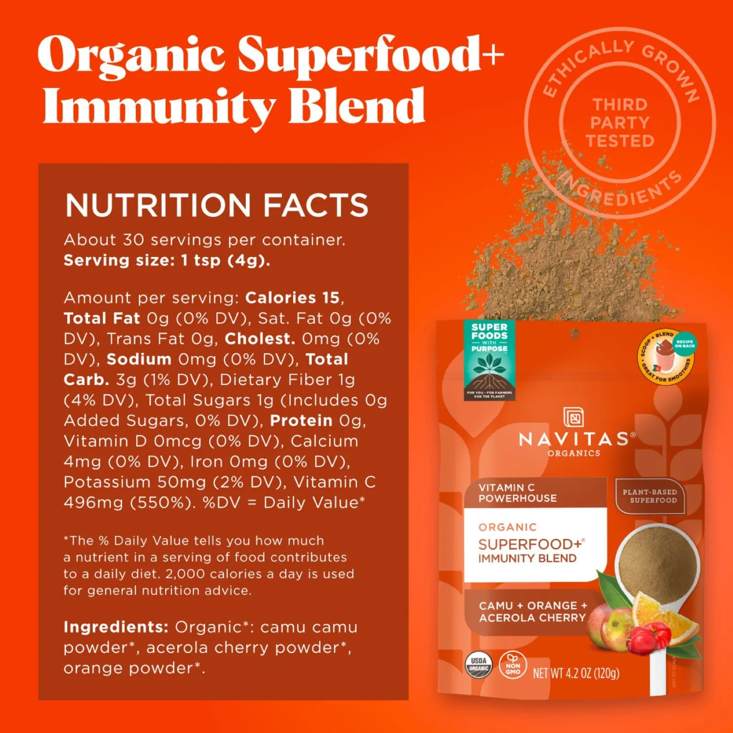 Navitas Organics Superfood+ Immunity Blend (Camu + Orange + Acerola Cherry), 30 Servings — Organic, Non-GMO, Vegan, Gluten-Free, Keto & Paleo, 4.2 Ounce…