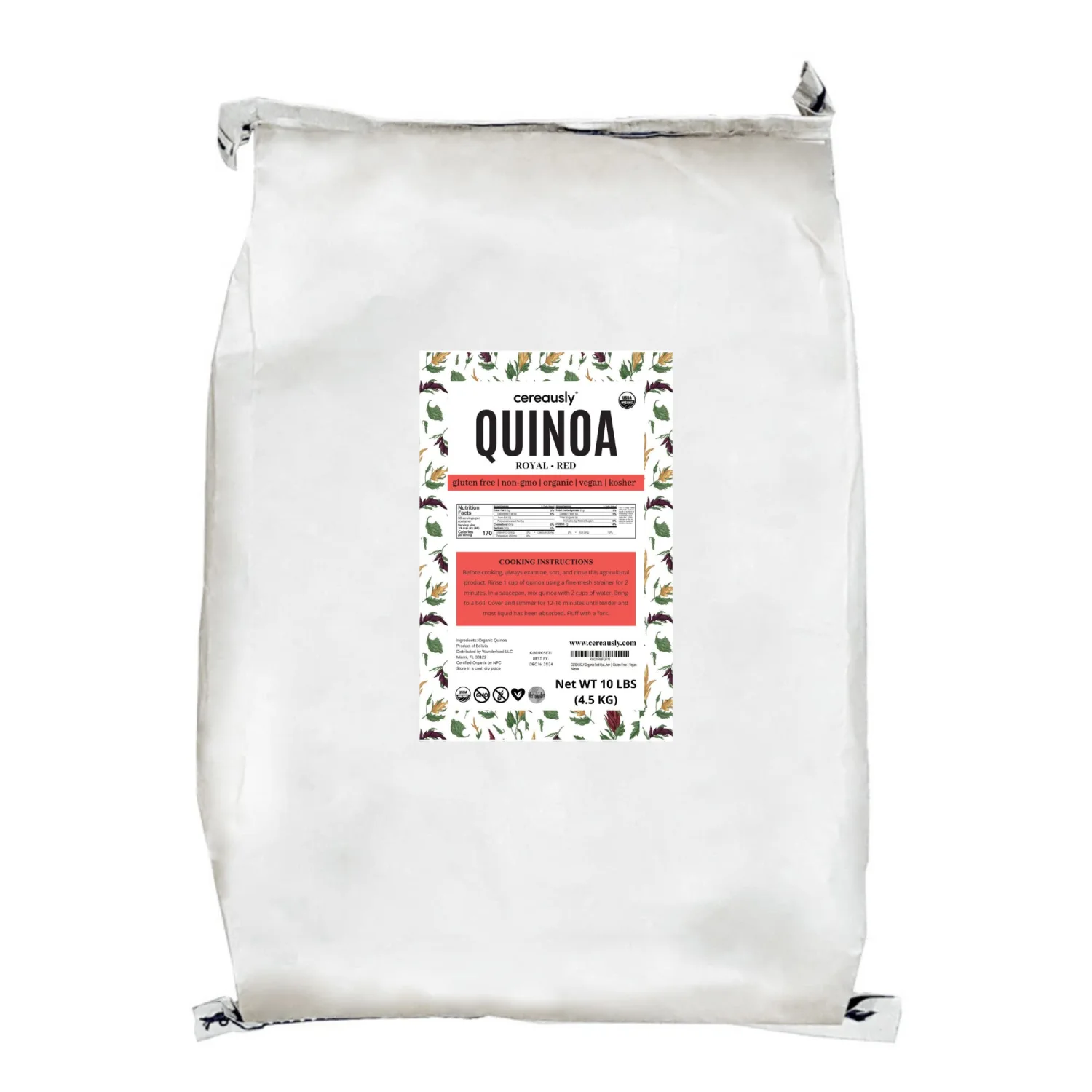 CEREAUSLY Organic Red Quinoa – Premium Royal Quinoa from Bolivia – Kosher and Non-GMO Quinoa Bulk – Vegan and Gluten-Fee Cooking Quinoa – 10 LB