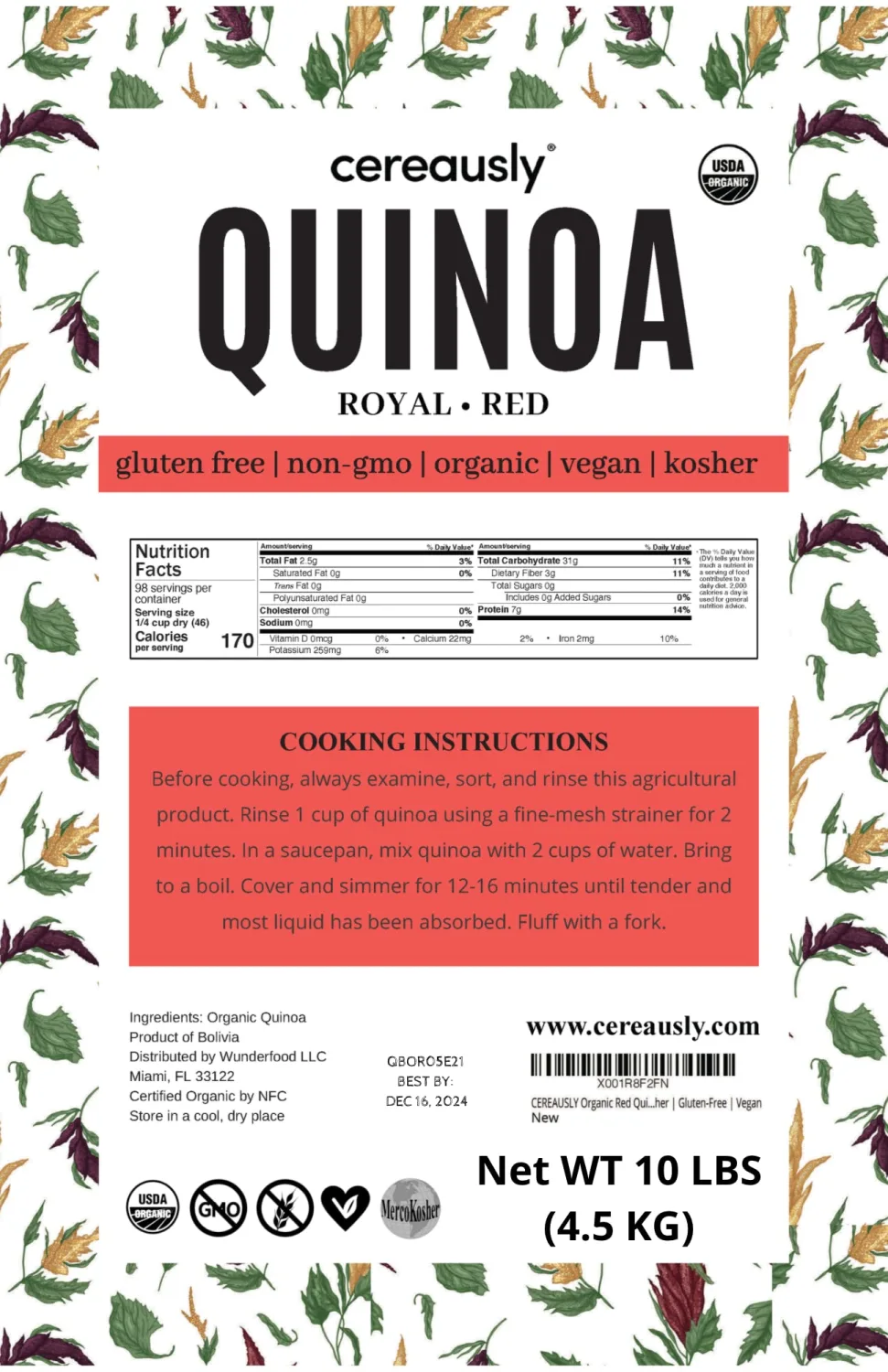 CEREAUSLY Organic Red Quinoa – Premium Royal Quinoa from Bolivia – Kosher and Non-GMO Quinoa Bulk – Vegan and Gluten-Fee Cooking Quinoa – 10 LB