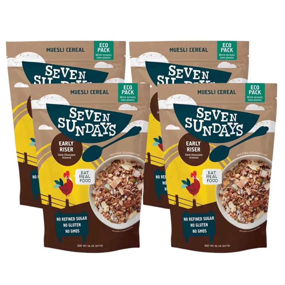 Seven Sundays Muesli Cereal, Early Riser Dark Chocolate Almond, 32 Oz (Pack of 4), Gluten Free, Og Refined Sugar, Enjoy Warm, Cool or as Overnight Oats