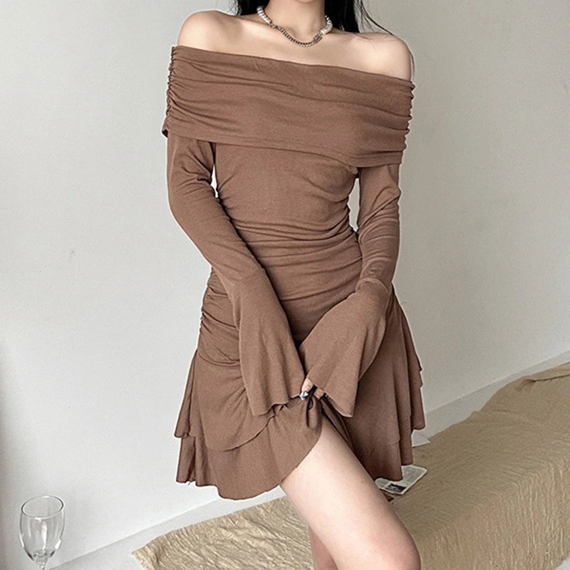Women's Fashion Pleated Skinny Skinny Flared Sleeve Ruffle Dress