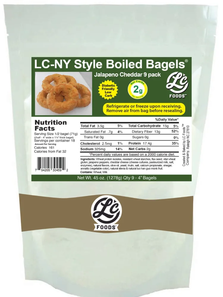 LC Foods NY Style Jalapeno Cheddar Bagels (9 pack) | Fresh Baked | Low Carb Bagels | No Sugar | High Protein | Diabetic Friendly | Spicy and Zesty | Soft & Chewy Bagels for Breakfast (45 Oz)