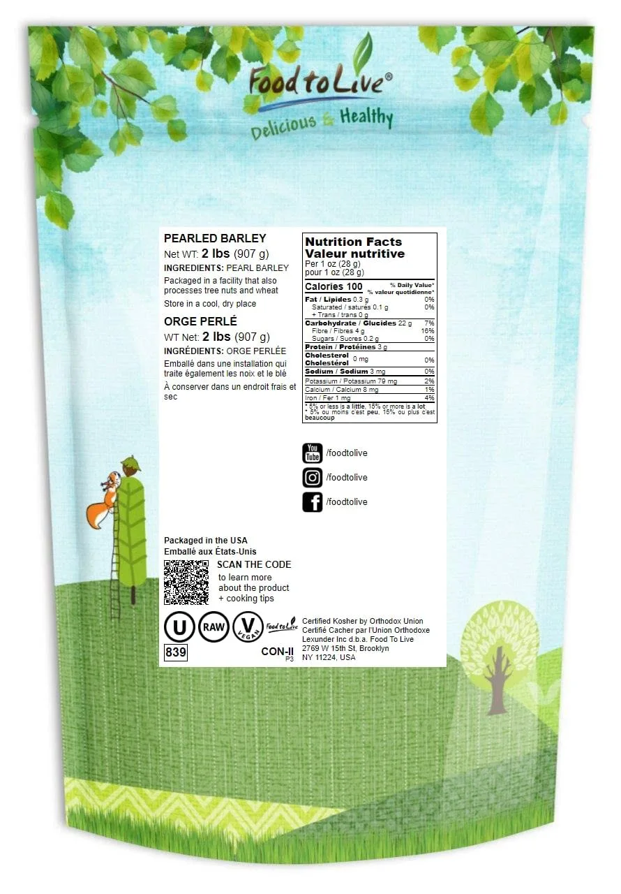 Food to Live - Pearl Barley, 2 Pounds Processed Hulled Barley, Cereal Grain, Kosher, Vegan, Bulk. Cooks Faster than Hulled Barley. High in Fiber. Great for Soups, Risottos. Product of the USA
