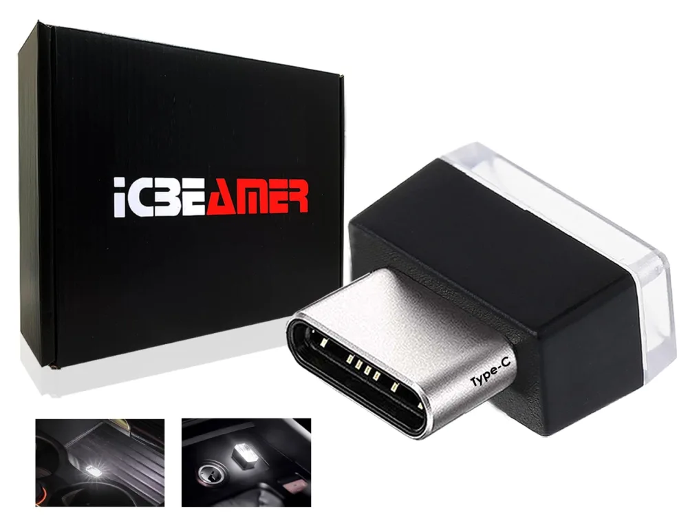 ICBEAMER Type C Adapters Atmosphere Light, [Color: White] Universal Interface Plug-in Miniature Night Light LED USB Car Interior Trunk Ambient