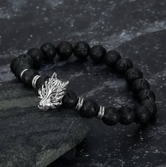 Asgard Crafted Grey Wolf Head And Lava Stone Bracelet