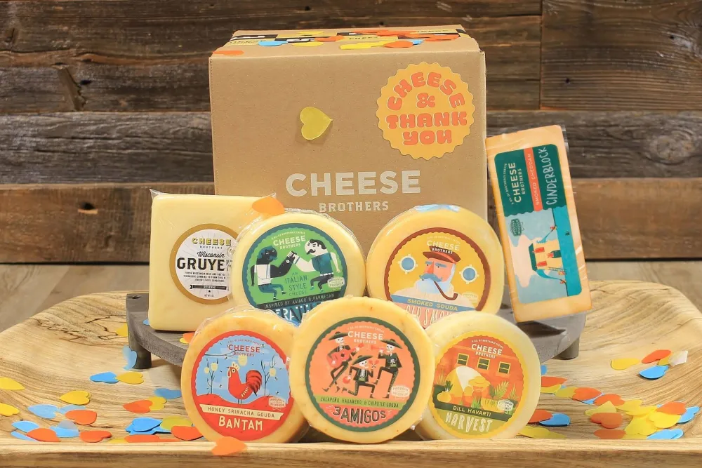 Cheese Bros "Cheese and Thank You" Gift Box | Fresh from Wisconsin | Featuring Dill Havarti, assorted Gouda, Gruyere, Smoked Cheddar and Fratello Italian blend | Food Gifting Idea