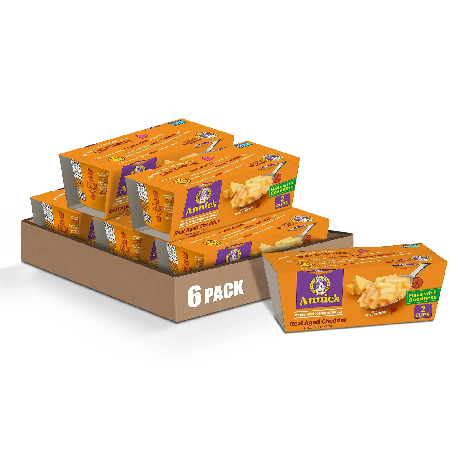 Annie's Macaroni and Cheese, Real Aged Cheddar and Organic Pasta, Microwavable Cups, 2 Ct, 4.02 oz (Pack of 6)