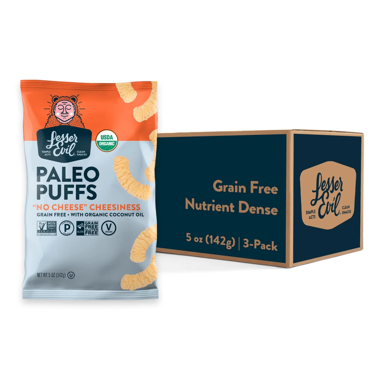 LesserEvil No Cheese Cheesiness Organic Paleo Puffs, Grain Free, Vegan, Minimally Processed, No Vegetable Oil, 5 Oz, Pack of 3