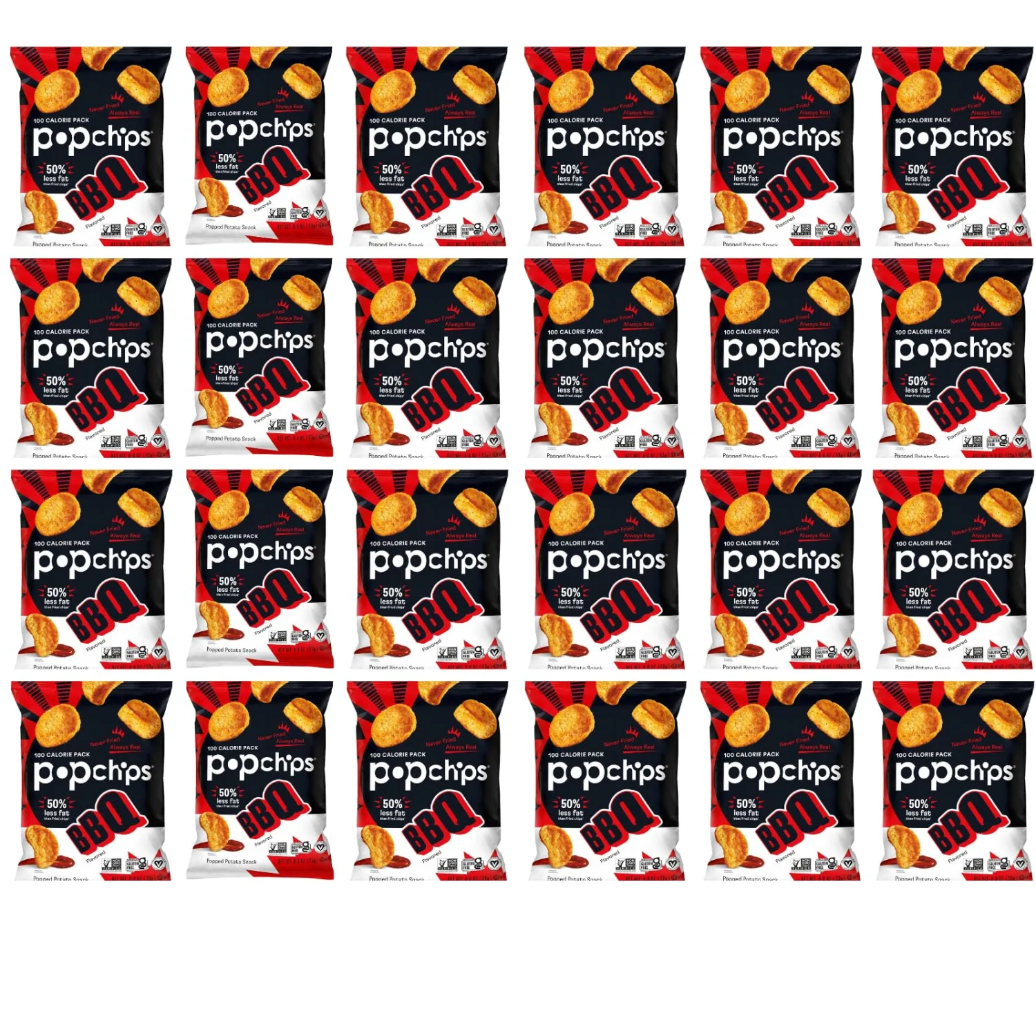 Popchips Potato Chips BBQ Potato Chips Single Serve 0.8 oz Bags Barbeque, 19.2 Ounce, (Pack of 24)