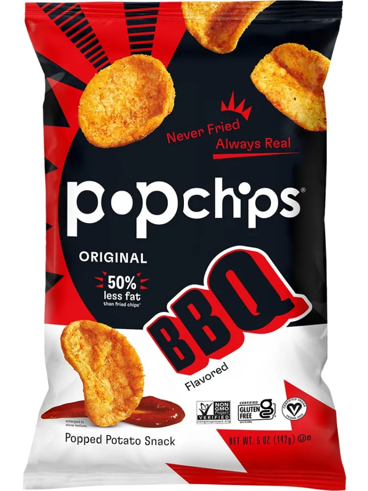 Popchips Potato Chips, BBQ, 4ct 5.0oz Share Bags, Low-Calorie and Gluten Free, Salty Snacks for Adults and Children, Non-GMO, Vegan & Kosher Friendly, 130 Calories Per Serving