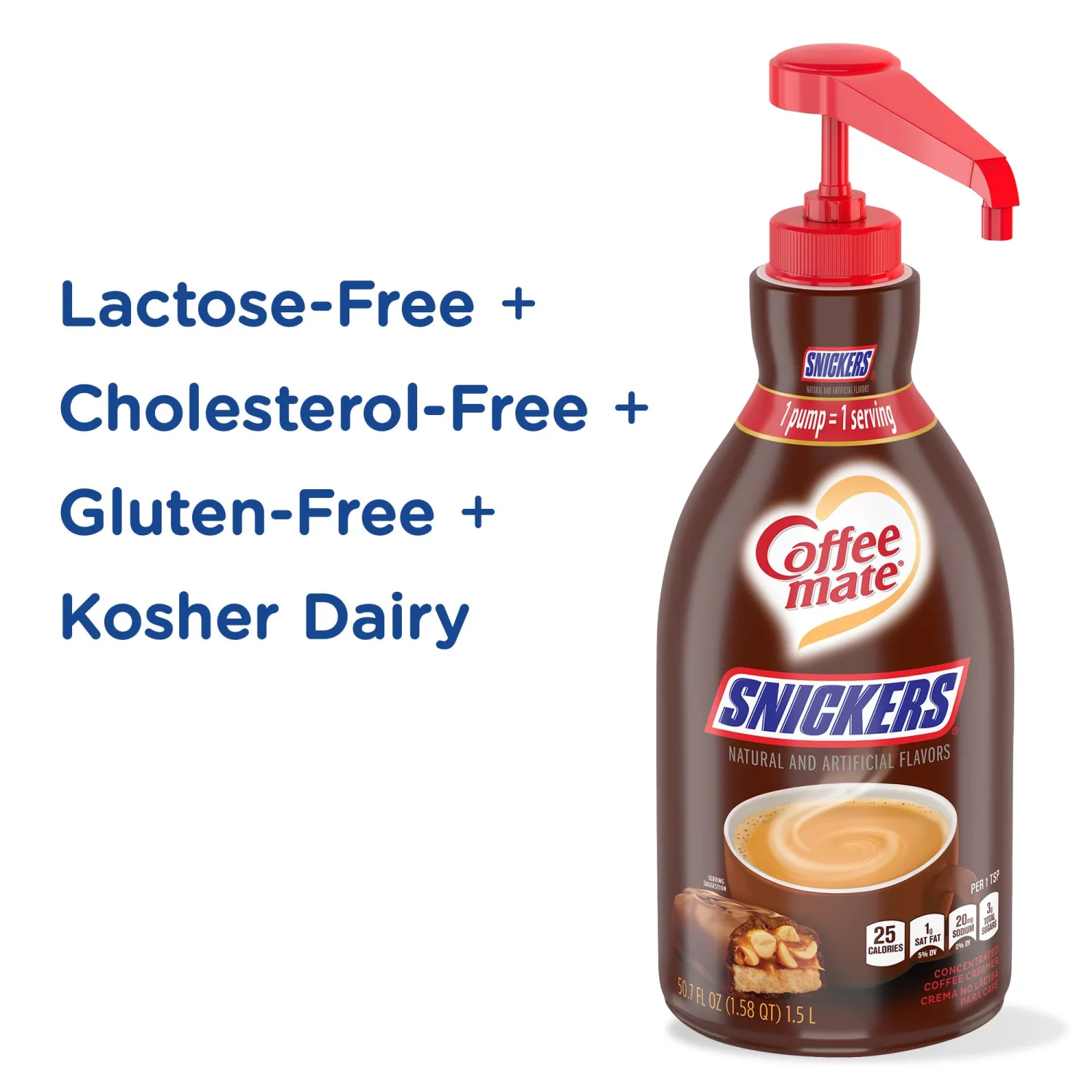 Nestle Coffee mate Snickers Coffee Creamer, Concentrated Liquid Pump Bottle, Non Dairy, No Refrigeration, 50.7 Fl. Oz. (Pack of 2)
