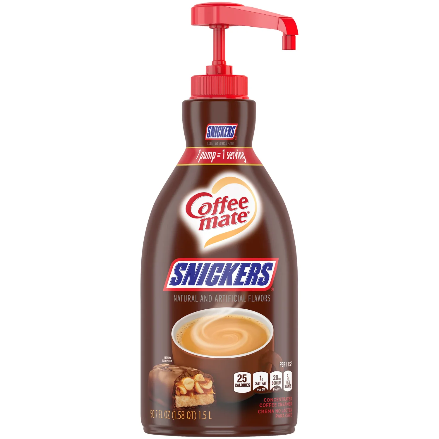 Nestle Coffee mate Snickers Coffee Creamer, Concentrated Liquid Pump Bottle, Non Dairy, No Refrigeration, 50.7 Fl. Oz. (Pack of 2)
