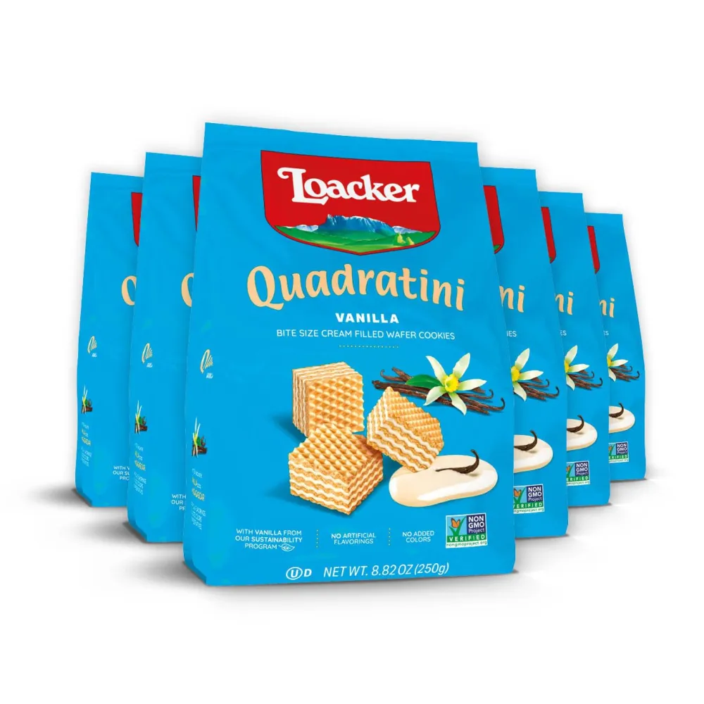 Loacker Quadratini Vanilla Wafer Cookies LARGE - 30% Less Sugar - Premium Crispy Bite Size Wafers - NON-GMO - LARGE Pack of 6