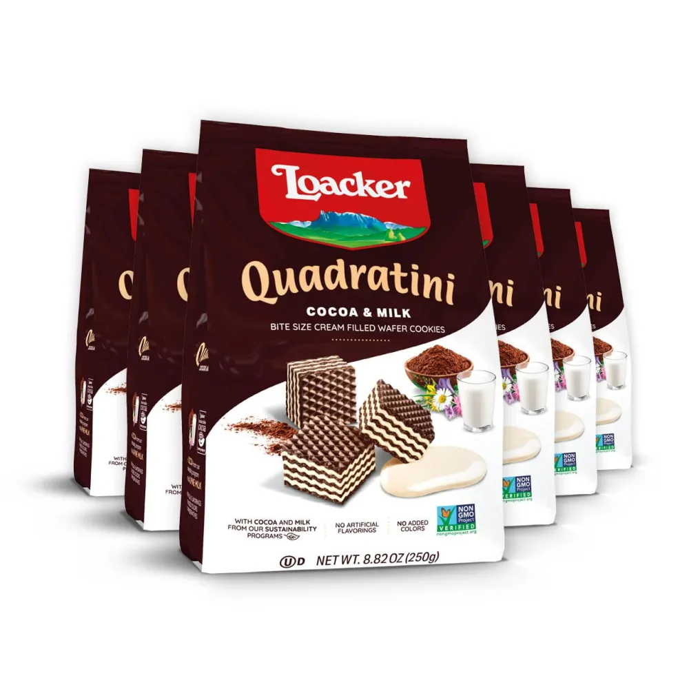 Loacker Quadratini Cocoa & Milk Wafer Cookies LARGE - Premium Crispy Bite Size Cocoa Wafers - 30% Less Sugar - NON-GMO - LARGE Pack of 6