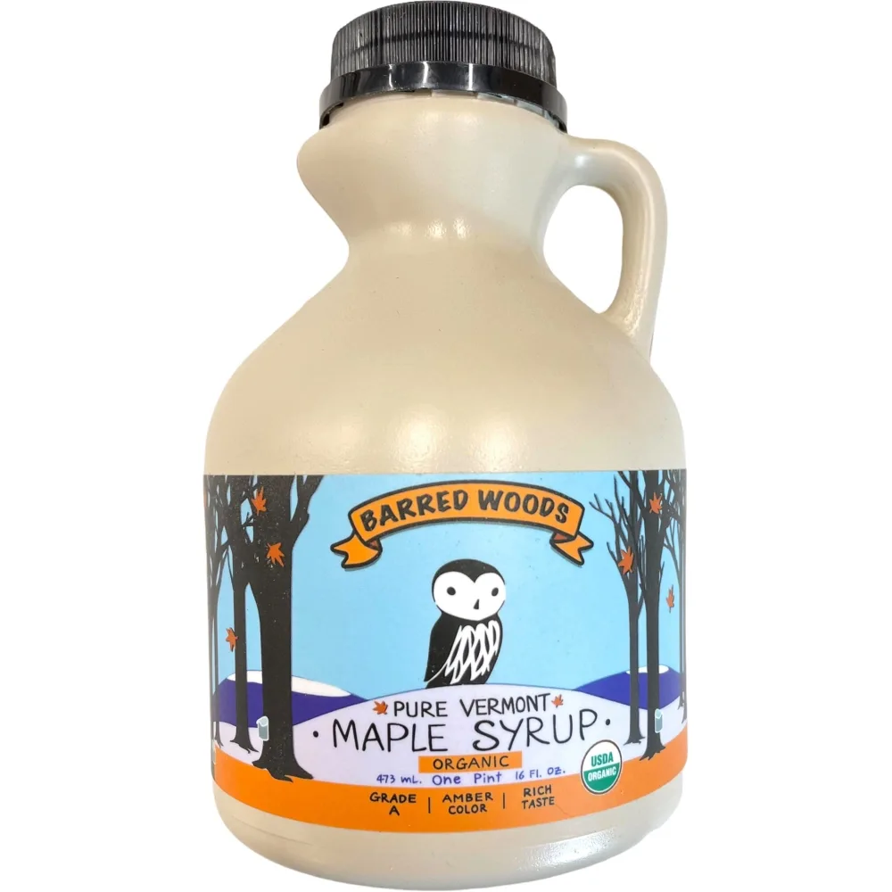 Organic Vermont Maple Syrup - Pure and All Natural - One Pint Jug (16 oz) - Grade A Amber Rich - From Barred Woods Maple