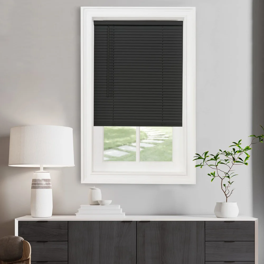 Cordless Light Filtering Mini Blind - 52 Inch Width, 64 Inch Length, 1" Slat Size - Black - Cordless GII Morningstar Horizontal Windows Blinds for Interior by Achim Home Decor