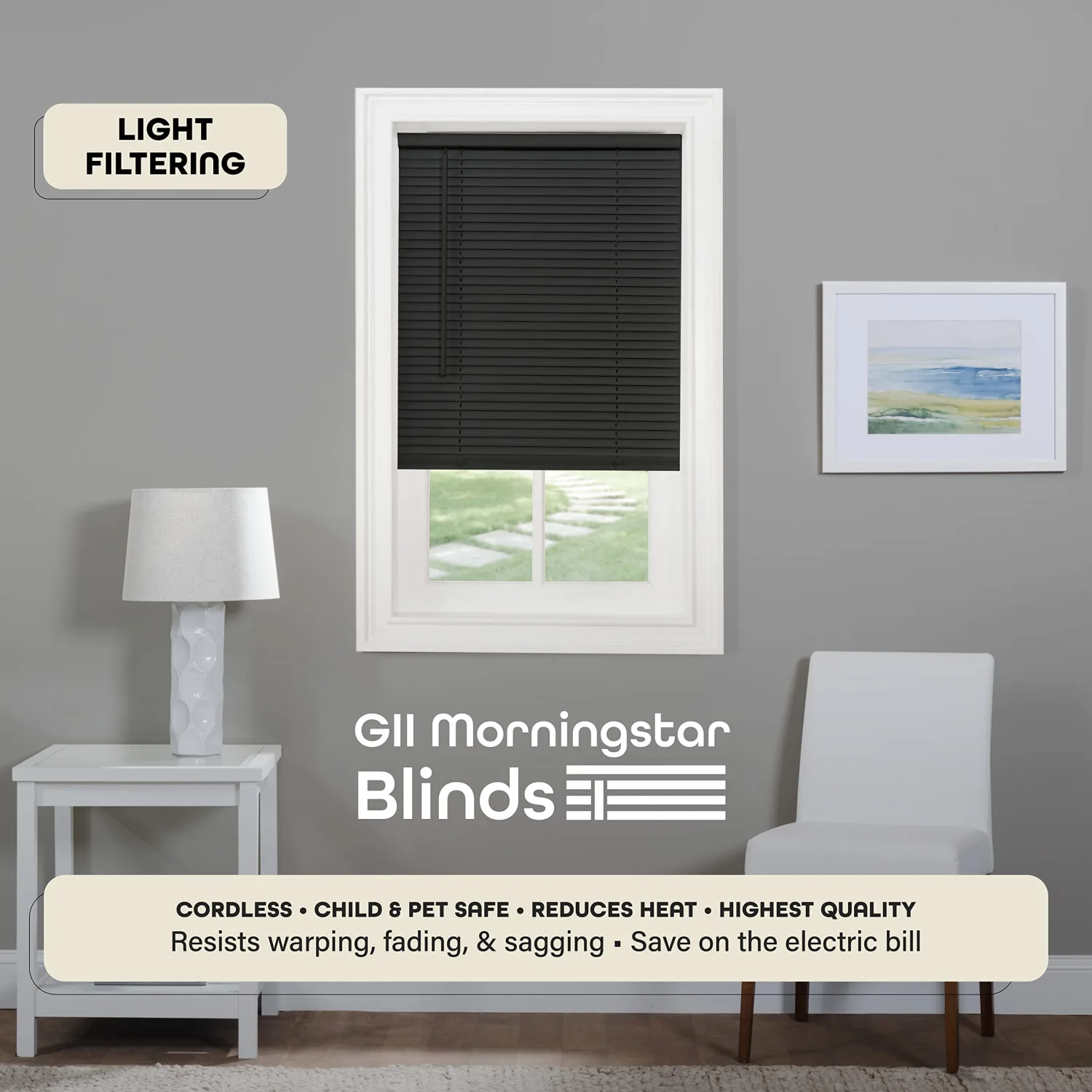 Cordless Light Filtering Mini Blind - 28 Inch Width, 64 Inch Length, 1" Slat Size - Black - Cordless GII Morningstar Horizontal Windows Blinds for Interior by Achim Home Decor
