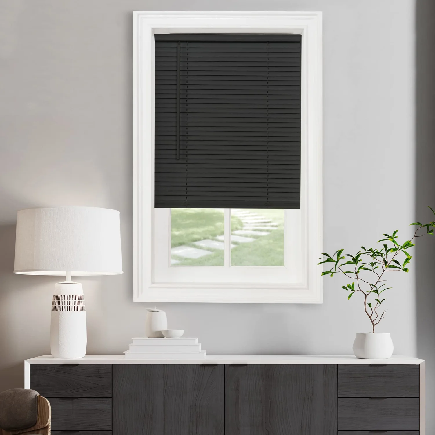 Cordless Light Filtering Mini Blind - 23 Inch Width, 72 Inch Length, 1" Slat Size - Black - Cordless GII Morningstar Horizontal Windows Blinds for Interior by Achim Home Decor