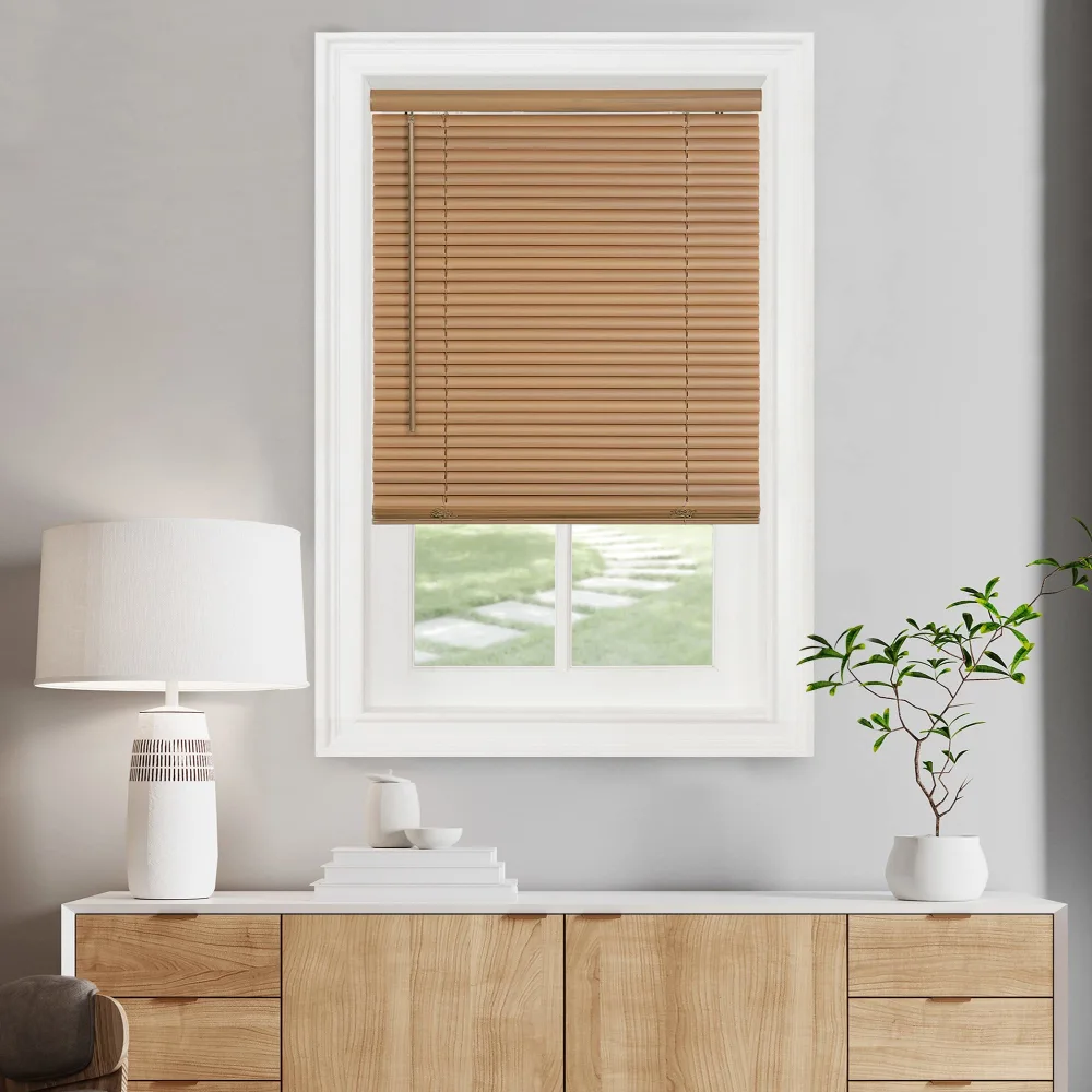 Cordless Light Filtering Mini Blind - 35 Inch Width, 64 Inch Length, 1" Slat Size - Woodtone - Cordless GII Morningstar Horizontal Windows Blinds for Interior by Achim Home Decor