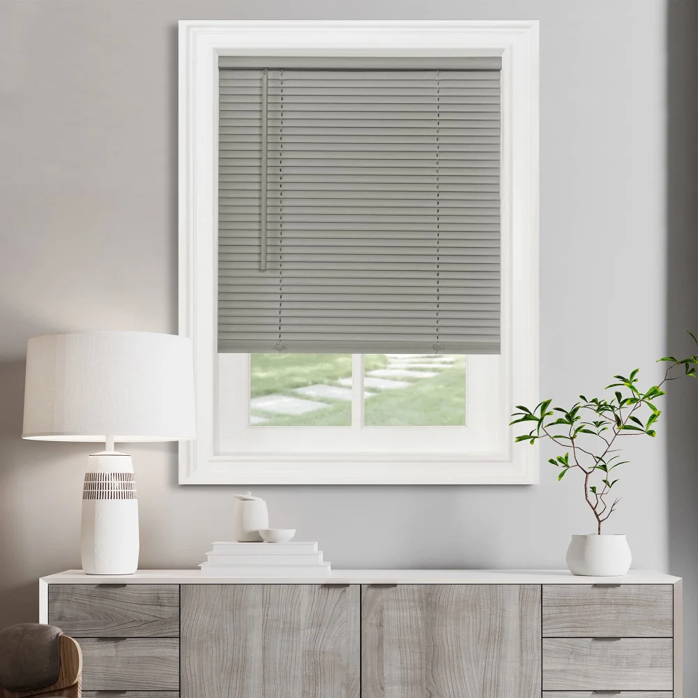 Cordless Light Filtering Mini Blind - 32 Inch Width, 64 Inch Length, 1" Slat Size - Grey - Cordless GII Morningstar Horizontal Windows Blinds for Interior by Achim Home Decor