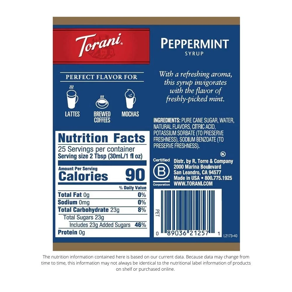 Torani Peppermint Syrup for Coffee 25.4 Ounces Coffee Syrups and Flavors with Fresh Finest Syrup Dispenser