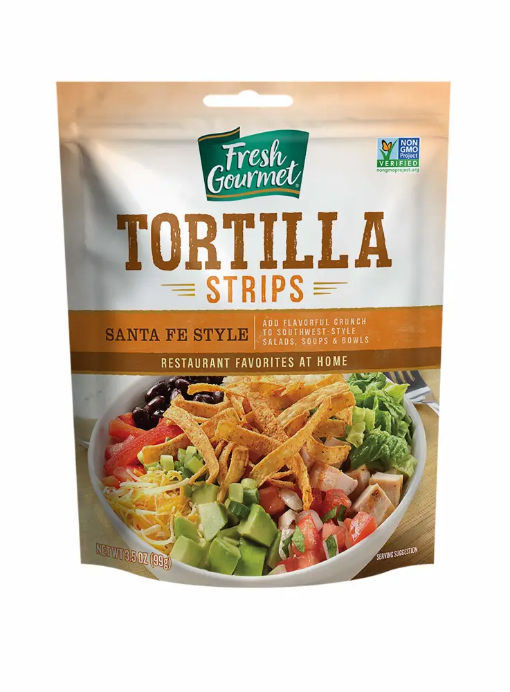 Fresh Gourmet Santa Fe Style Tortilla Strips | 3.5 Ounce, Pack of 9 | Low Carb | Crunchy Snack and Salad Topper