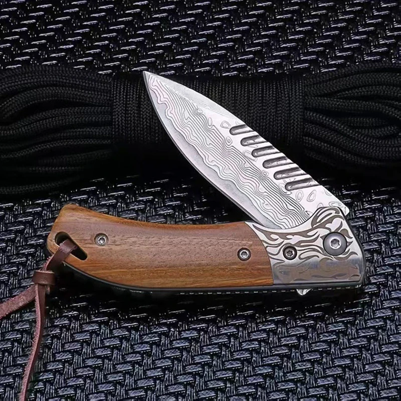 Damascus Steel Pocket Knife With Folding Wooden Handle