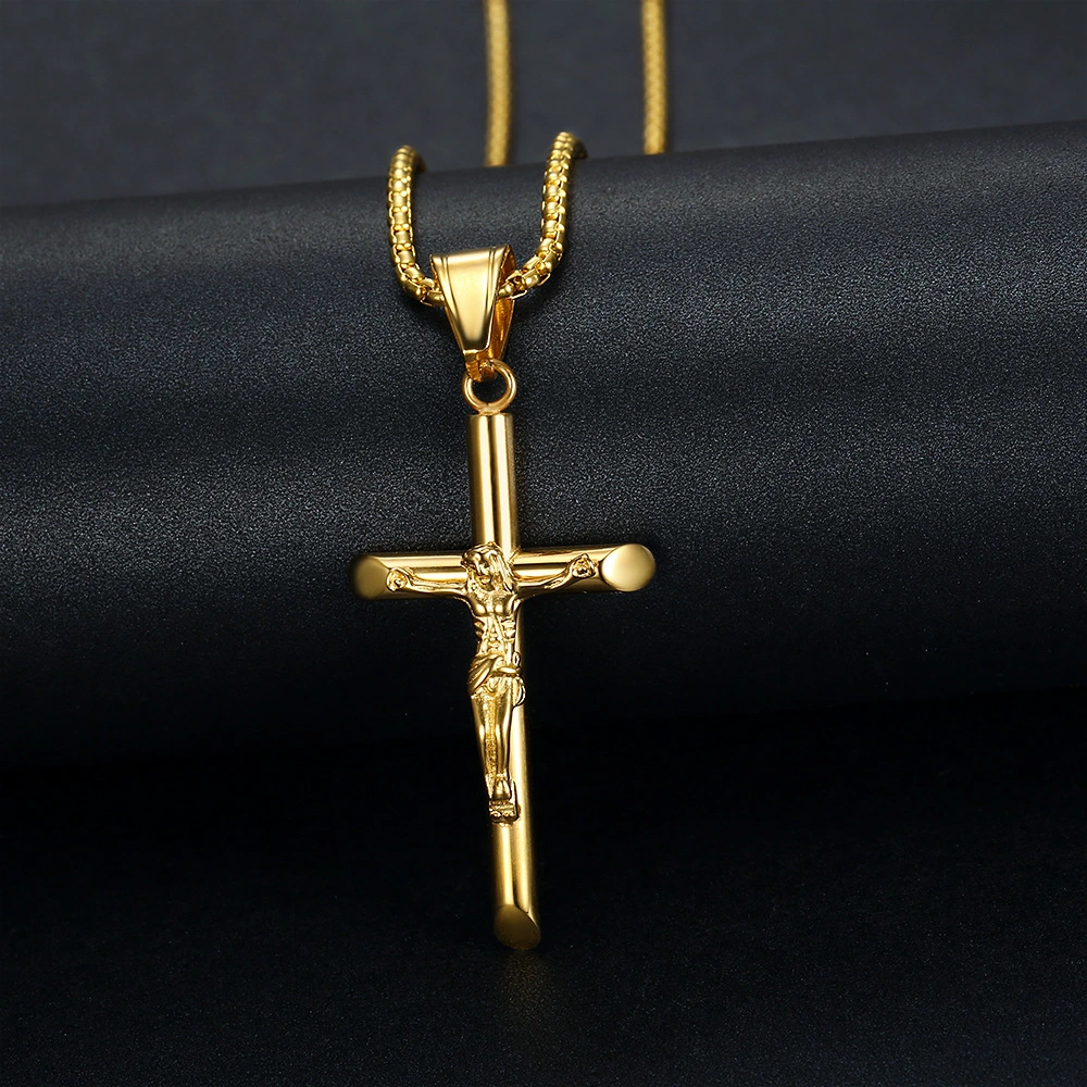 Hip Hop Ornaments Titanium Steel Polished Gold Crucifix Pendant Necklace