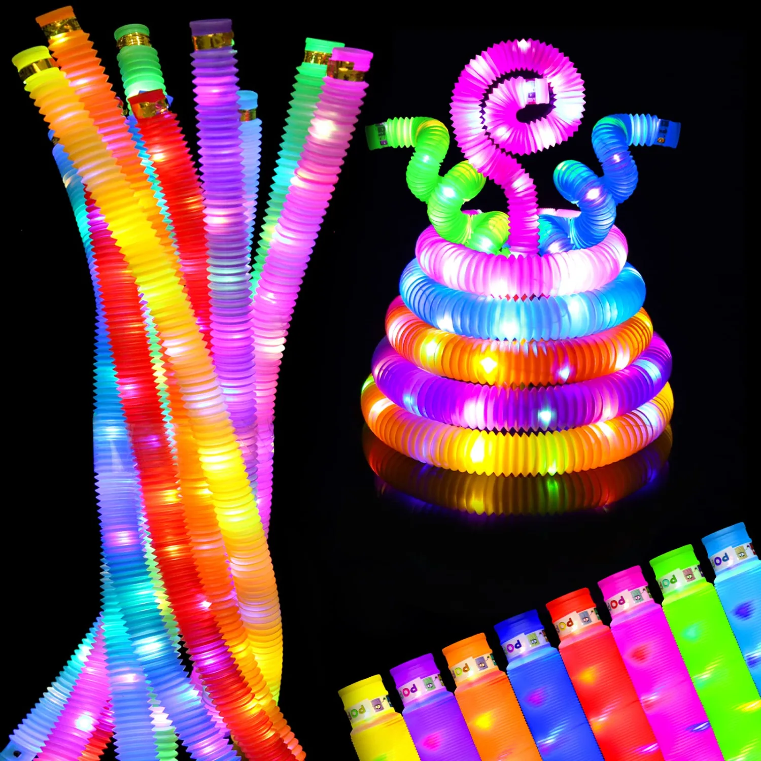 LED Light Up Pop TubesGlow Sticks,Glow Necklace & Brancelets Party Favors Decorations, Pull and Stretch Toys for Kids Halloween Christmas Party Goodie Bag Stuffers