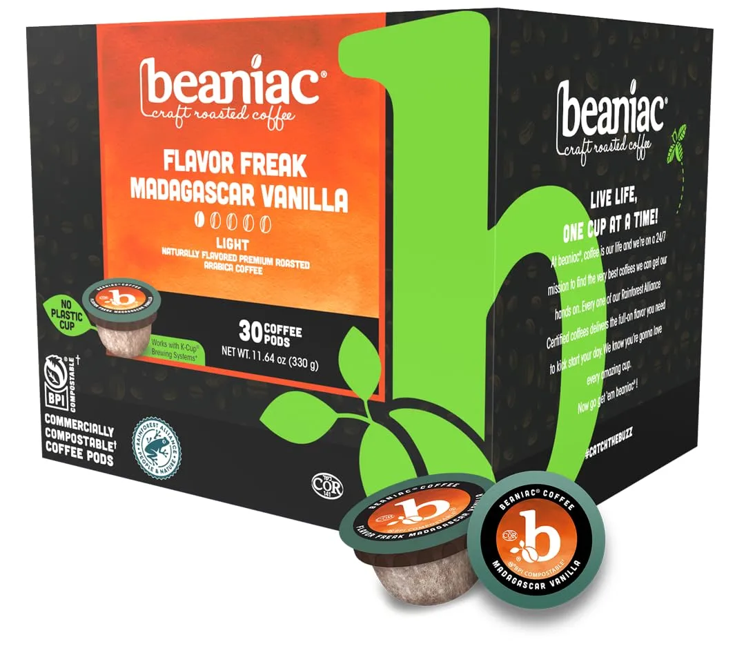 beaniac Flavor Freak Madagascar Vanilla, Flavored Light Roast, Single Serve Compostable K Cup Coffee Pods, Organic Arabica Coffee with Natural Flavors, Keurig Brewer Compatible, 30 Count