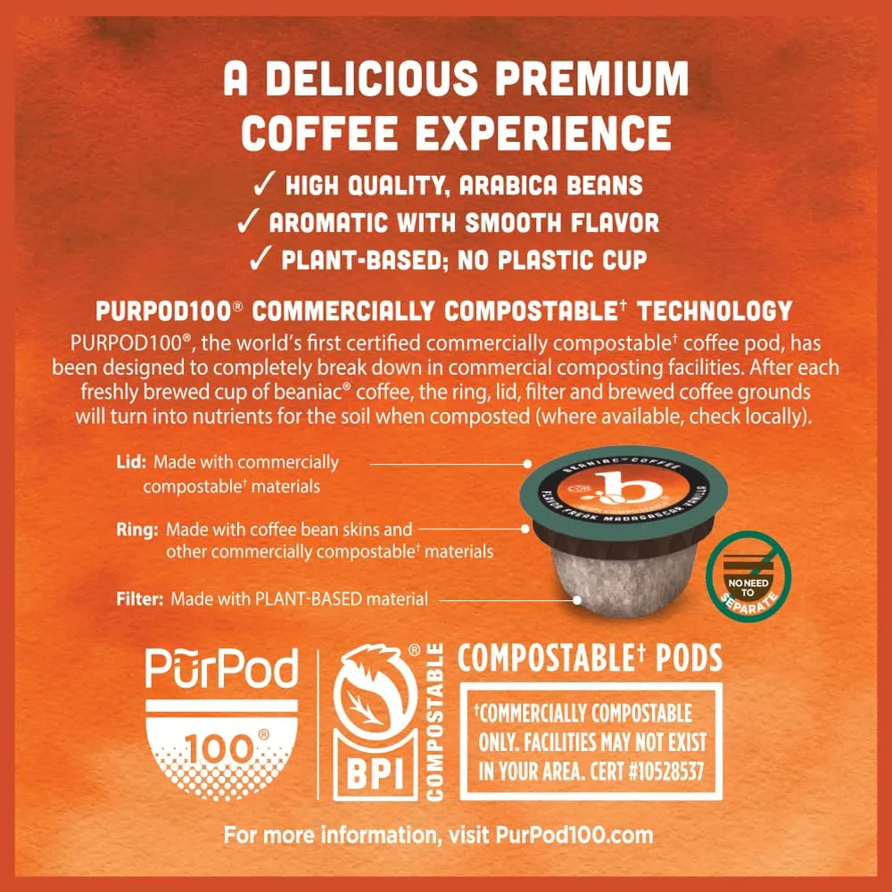 beaniac Flavor Freak Madagascar Vanilla, Flavored Light Roast, Single Serve Compostable K Cup Coffee Pods, Organic Arabica Coffee with Natural Flavors, Keurig Brewer Compatible, 30 Count